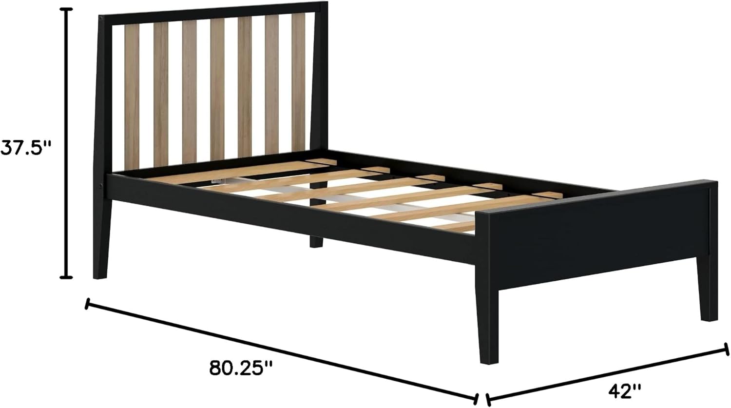 Max & Lily Twin Bed, Scandinavian Modern Bed for Kids, Solid Wood Twin Bed Frame with Slatted Headboard, No Box Spring Needed, Black/Blonde