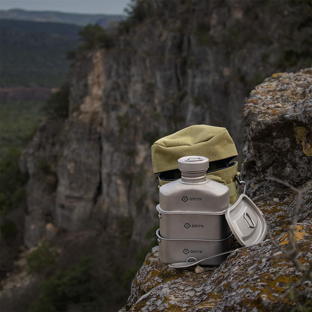 GRIT Titaniu Cantee Mes Ki Compac Portabl Campin Ope Fir Cookwar Se fo Backpacking Hiking Fishin Ultraligh Durabl Outdoo Cam Cookin Utensil Storag Ba Included