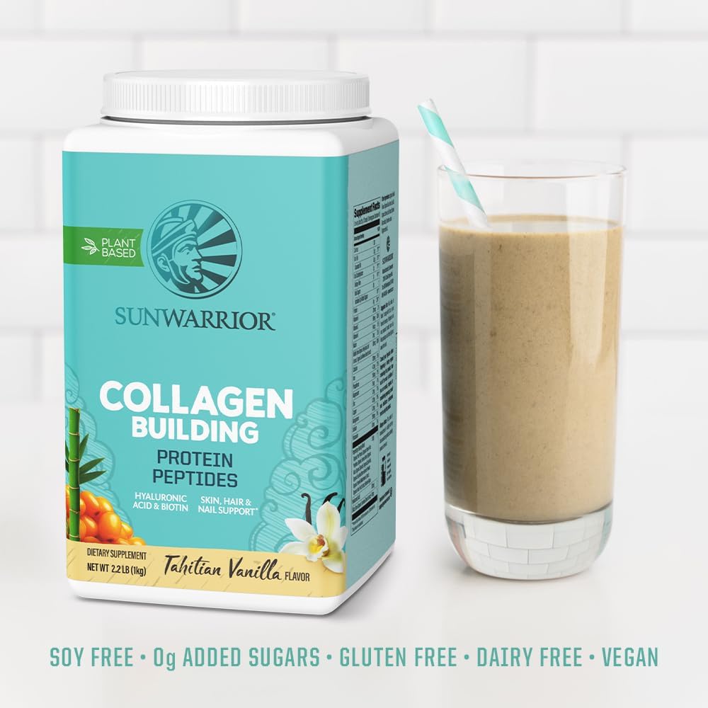 Sunwarrio Collage Peptide Buildin Powde Vega Collage fo Wome Plant-Base Protei Powde Hyaluroni Acid Biotin Silica Vitami fo Hai Ski Nail 4 Servings Vanill Flavored