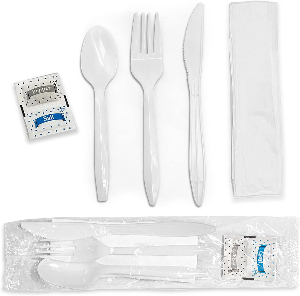 Individually Wrapped Plastic Cutlery Set with Napkin + Salt & Pepper Packets in White (250 Count) Prewrapped Disposable Silverware Bags, Bulk Utensils: Fork, Knife, and Spoon for Togo Eating