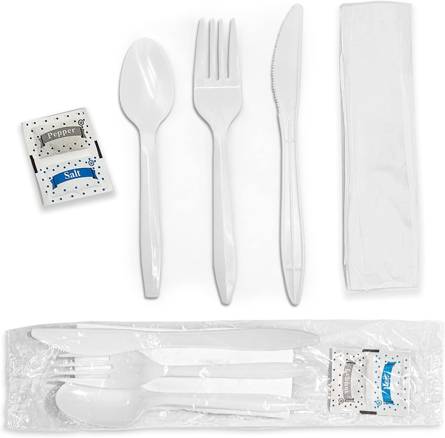 Individually Wrapped Plastic Cutlery Set with Napkin + Salt & Pepper Packets in White (250 Count) Prewrapped Disposable Silverware Bags, Bulk Utensils: Fork, Knife, and Spoon for Togo Eating