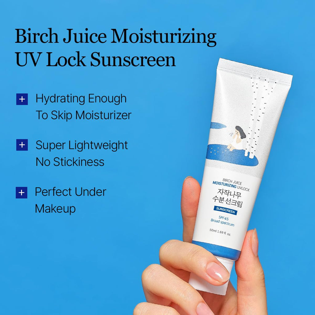 ROUND LAB Birch Juice Moisturizing UV LOCK SPF 45 1+1 (2-pack), Hydrating Lotion-like Lightweight Glow Sunscreen for Sensitive Skin, No White Cast, Fragrance-Free, Protector Solar, Korean Sunscreen