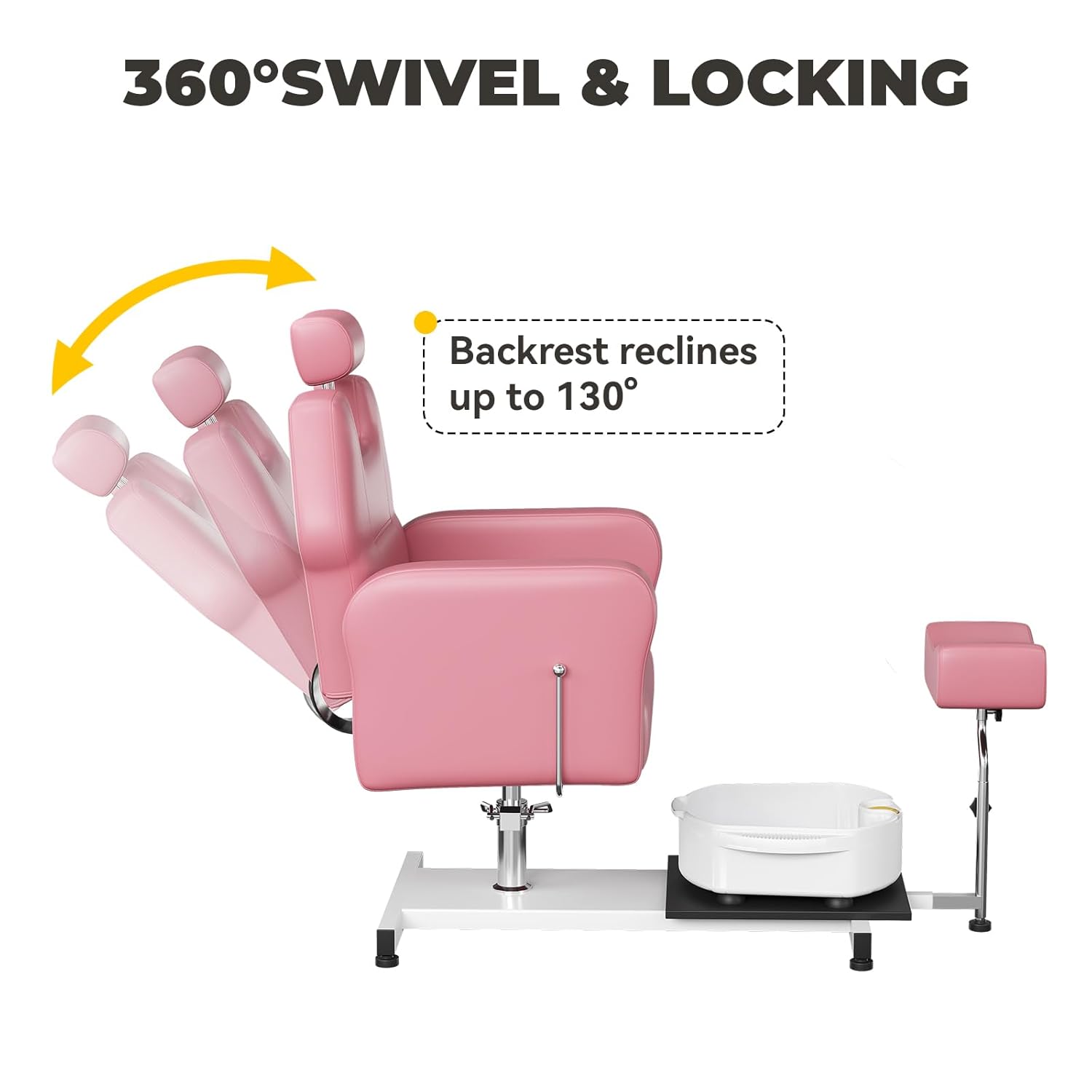 Reclining Pedicure Chair with Stool, Footrest Massage Foot Basin, Height Adjustable Pedicure Unit Station, 360 Swivel Hydraulic Pedi Chair for Foot Bath Pedicure Chairs, Beauty Spa Salon, Pink