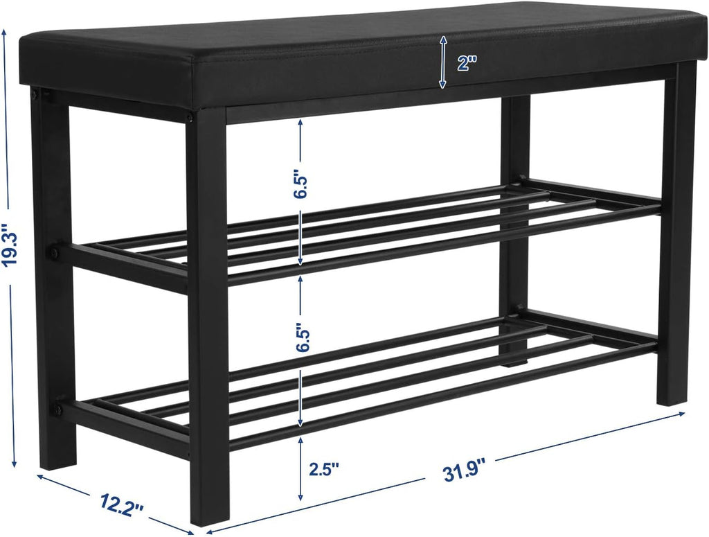SONGMICS Shoe Bench, 3-Tier Shoe Rack for Entryway, Storage Organizer with Foam Padded Seat, Faux Leather, Metal Frame, for Living Room, Hallway, 12.2 x 31.9 x 19.3 Inches, Black ULBS58H