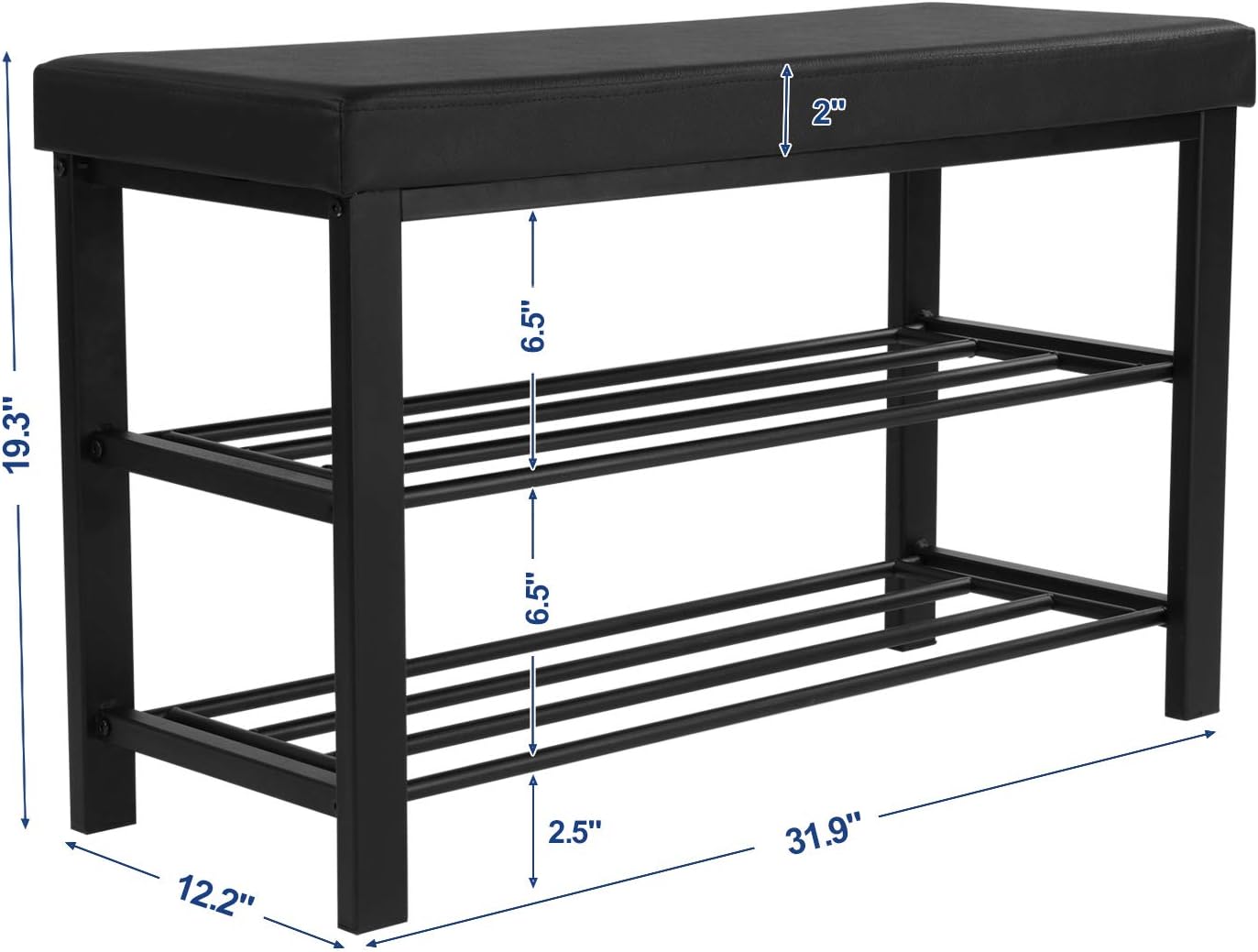 SONGMICS Shoe Bench, 3-Tier Shoe Rack for Entryway, Storage Organizer with Foam Padded Seat, Faux Leather, Metal Frame, for Living Room, Hallway, 12.2 x 31.9 x 19.3 Inches, Black ULBS58H