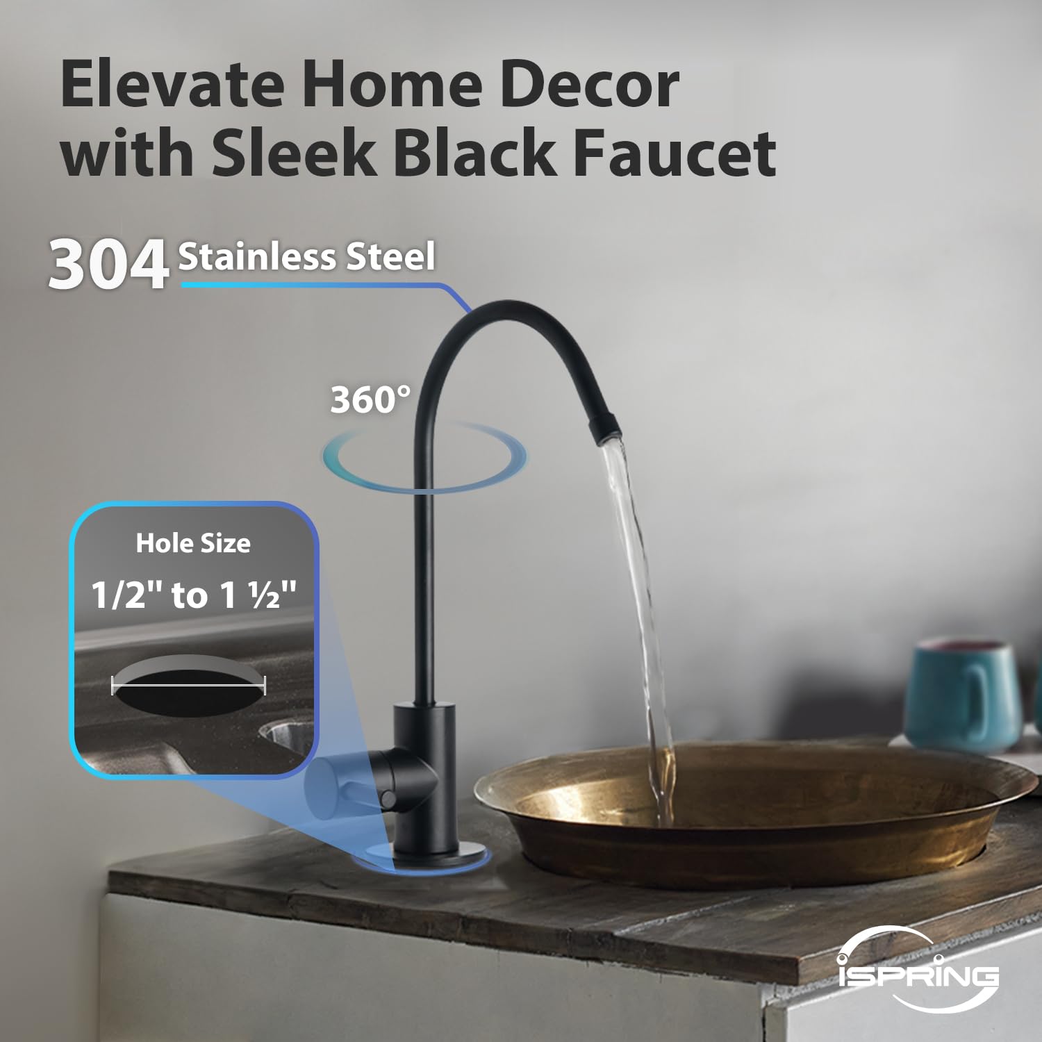 iSpring RCC1UP-AK-BLK, 7-Stage Alkaline UV Reverse Osmosis Water Filter with Booster Pump, Sleek Black RO Faucet TDS PFAS Microplastic Removal, Patented Top-Mounted Faucet Design for Easy Installation