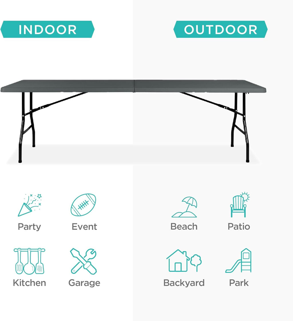 Best Choice Products 8ft Plastic Folding Table, Indoor Outdoor Heavy Duty Portable w/Handle, Lock for Picnic, Party, Pong, Camping - Dark Gray