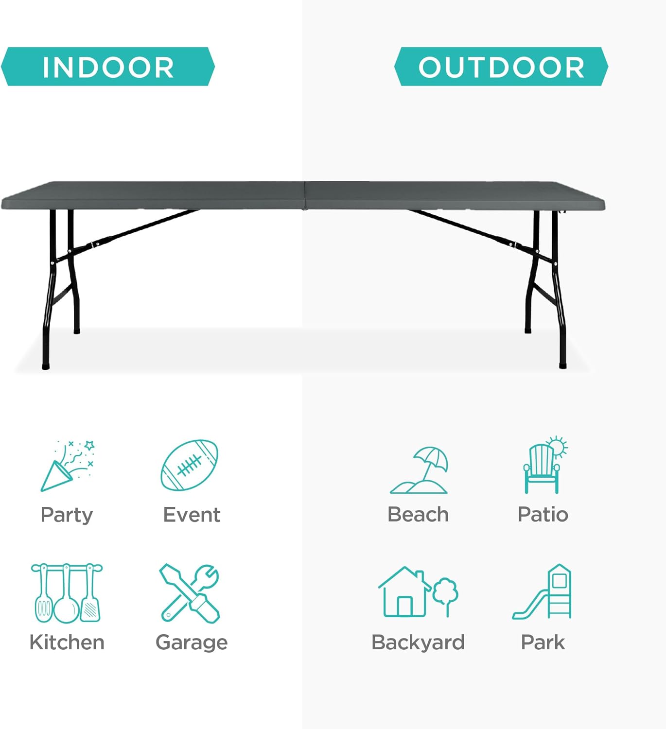Best Choice Products 8ft Plastic Folding Table, Indoor Outdoor Heavy Duty Portable w/Handle, Lock for Picnic, Party, Pong, Camping - Dark Gray