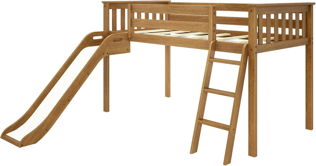 Max Lily Twin Size Low Loft Bed with Slide and Ladder, Classic Solid Wood Kids Bedroom Furniture, 400 lbs Weight Capacity, 14inch Safety Guardrail, Anti-Slip Steps, Pecan