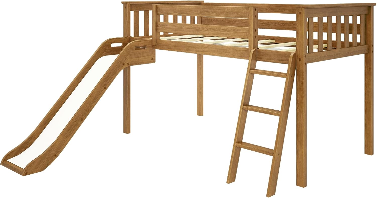 Max Lily Twin Size Low Loft Bed with Slide and Ladder, Classic Solid Wood Kids Bedroom Furniture, 400 lbs Weight Capacity, 14inch Safety Guardrail, Anti-Slip Steps, Pecan