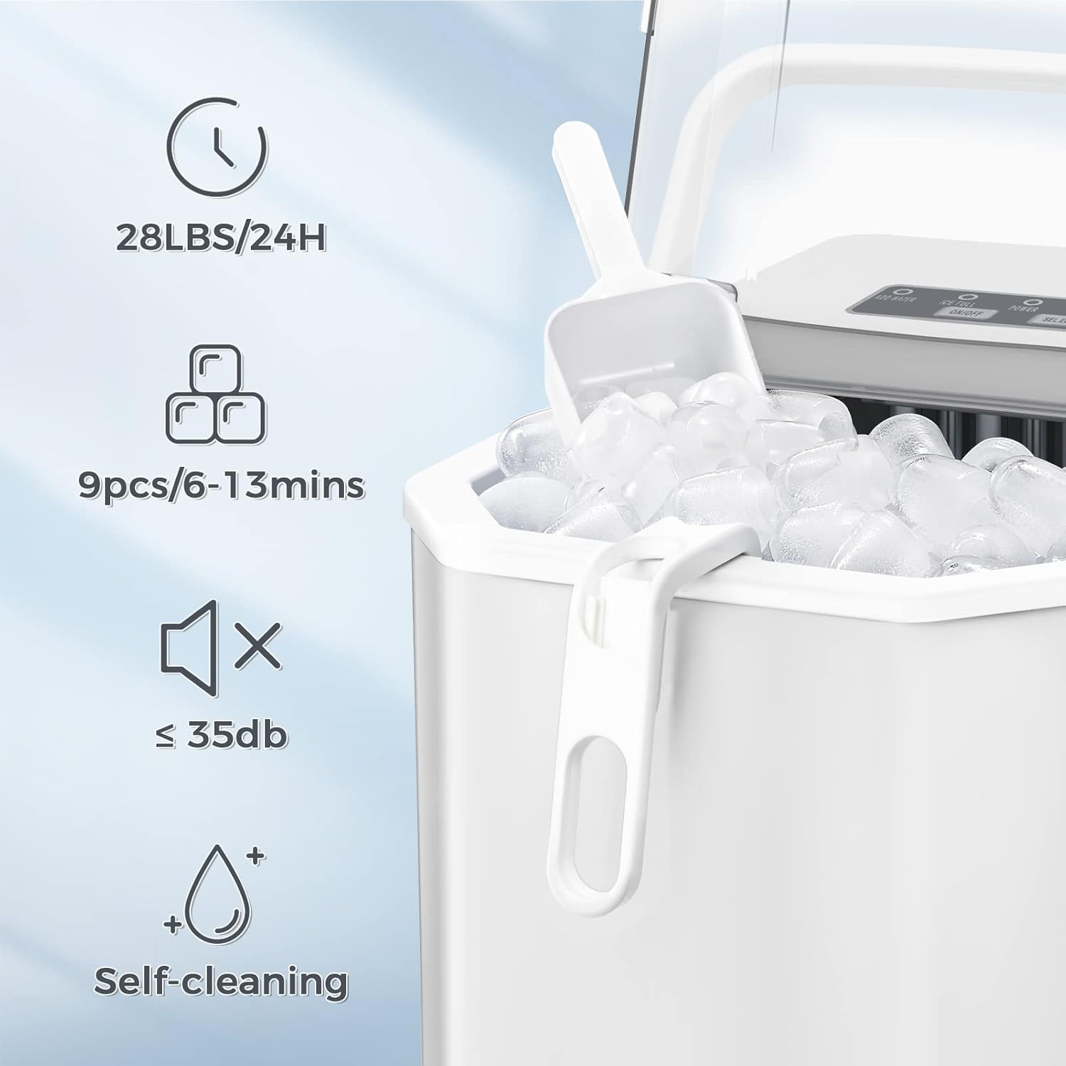Antarcti Sta Counterto Ic Maker S/ Bulle Ice 28lbs/Day Ic Cube i Mins Portabl Ic Machin wit Ic Scoo an Handle Self-Cleaning One-Clic Operation fo Kitche Offic Hom White
