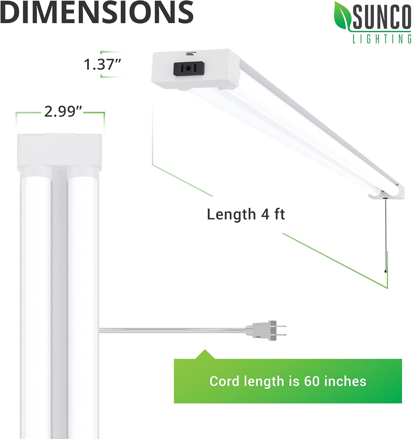 Sunc 1 Pac 40W=260 LE Sho Ligh fo Worksho Garag 4FT Plu i Froste Len Linkabl Utilit Industria Fixture 5000 Daylight 410 Lumen Non-Dimmable Hanging Pul Chai ETL