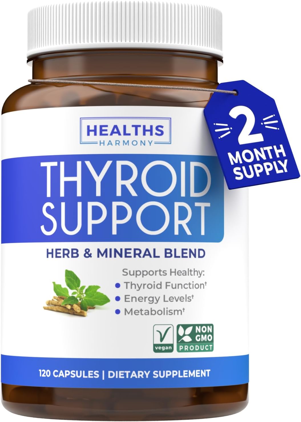 Thyroid Support with Iodine - 120 Capsules (Non-GMO) ImpYour Energy - Ashwagandha Root, Zinc, Selenium, Vitamin B12 Complex - Thyroid Health Supplement for Women and for Men - 60 Day Supply