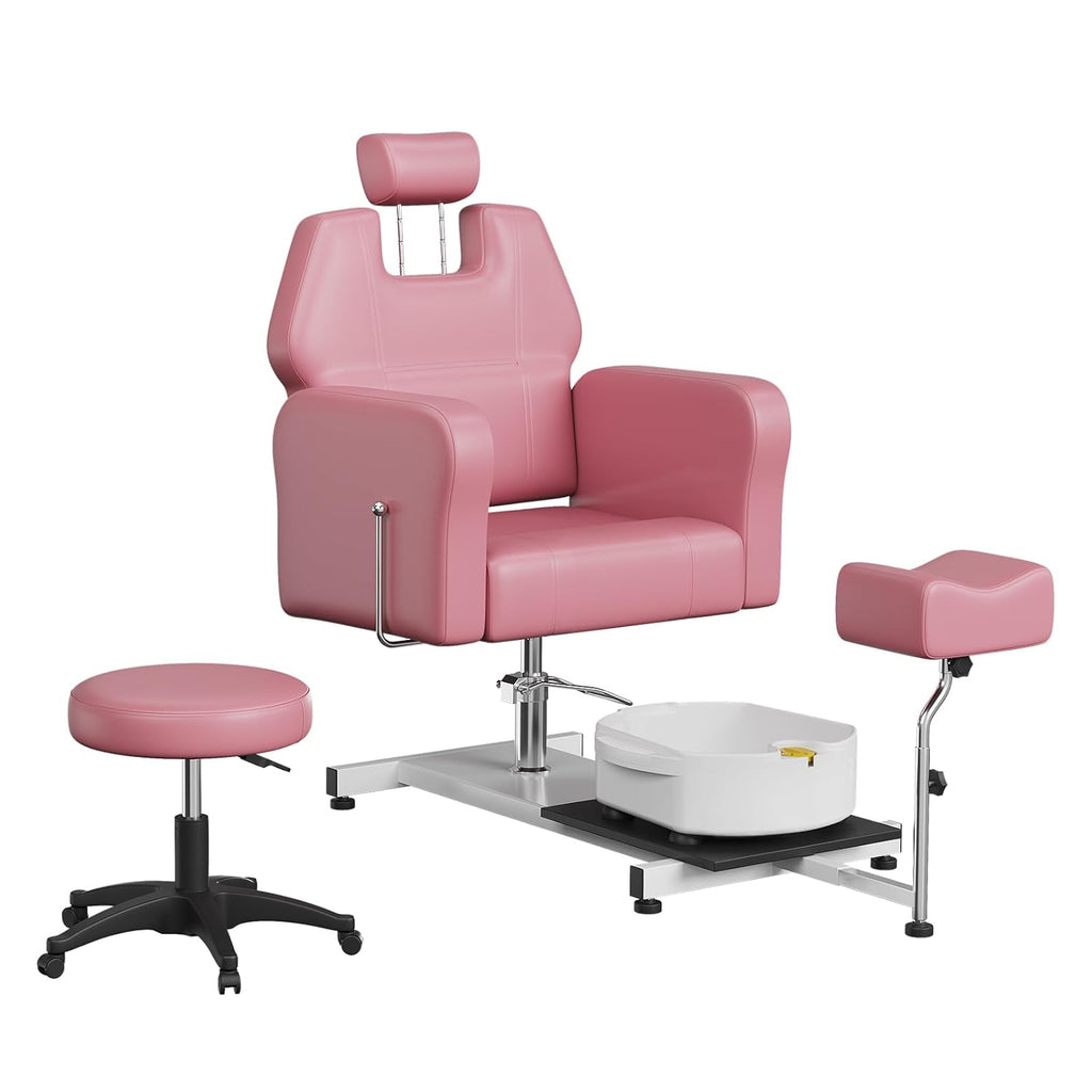Reclining Pedicure Chair with Stool, Footrest Massage Foot Basin, Height Adjustable Pedicure Unit Station, 360 Swivel Hydraulic Pedi Chair for Foot Bath Pedicure Chairs, Beauty Spa Salon, Pink