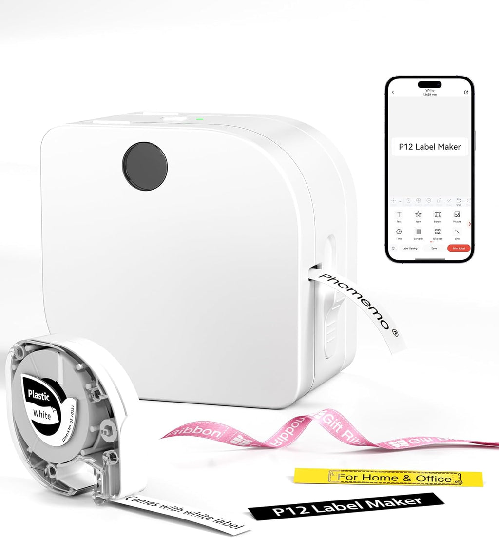Phomemo P12 Label Maker Machine with Tape, Bluetooth Small Thermal Label Printer with Multiple Templates Mini Label Maker for Home, School, Organization, Office, White