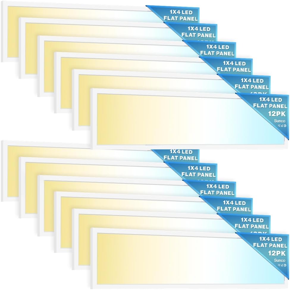 Sunco 12 Pack 1x4 LED Flat Panel Light, Dual Selectable CCT 3500K/4000K/5000K & Selectable Wattage 30W/40W/46W, 5700LM, 0-10V Dimming, Matte White Drop Ceiling Fixture - ETL, DLC