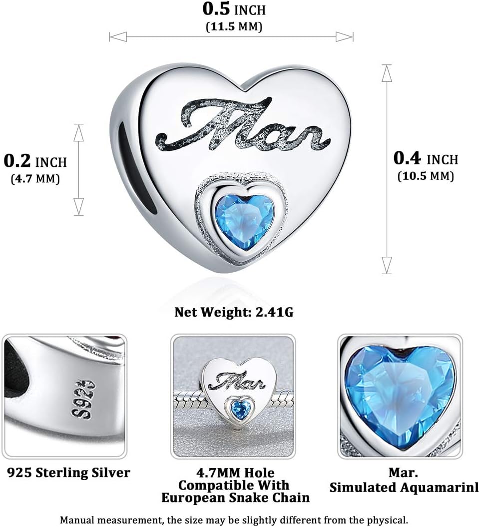 Marc Birthston Charm fo Bracelet Ocea Blu Crysta Aquamarin Bea Charm 92 Sterlin Silve Lov Hear Charm fo Jewelr Making