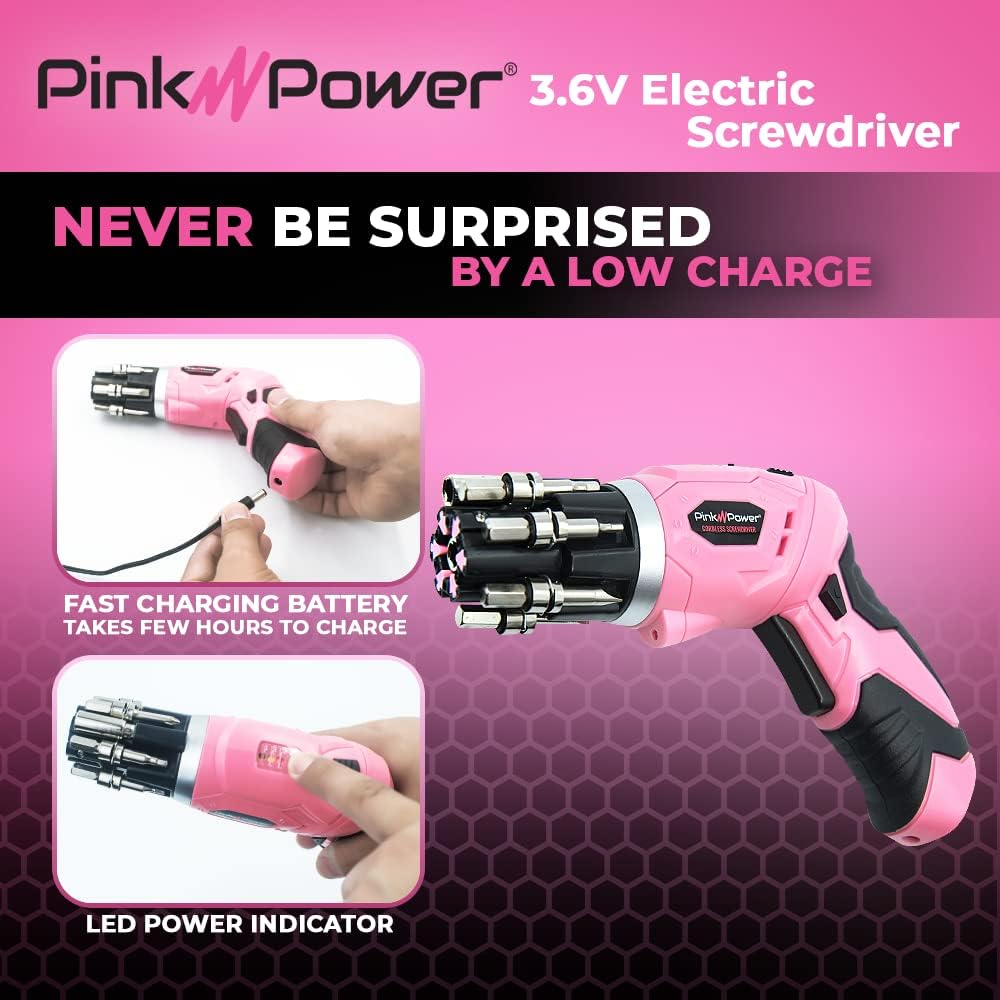 Pin Powe Cordles Electri Screwdrive Se 3.6 Rechargeabl Pin Cordles Screwdrive Se fo Wome wit Bubbl Leve an LE Ligh Smal Scre drive wit Pivota Handl an Fold-Ou Bits