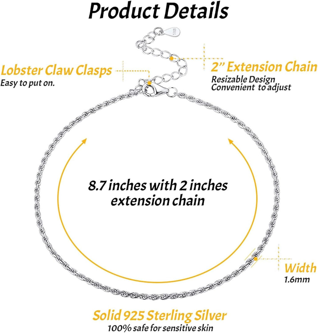 ChicSilver 925 Sterling Silver Ankle Bracelet for Women, Simple Cuban Link/Figaro/Twist Rope Chain Anklets for Beach Party(with Gift Box)
