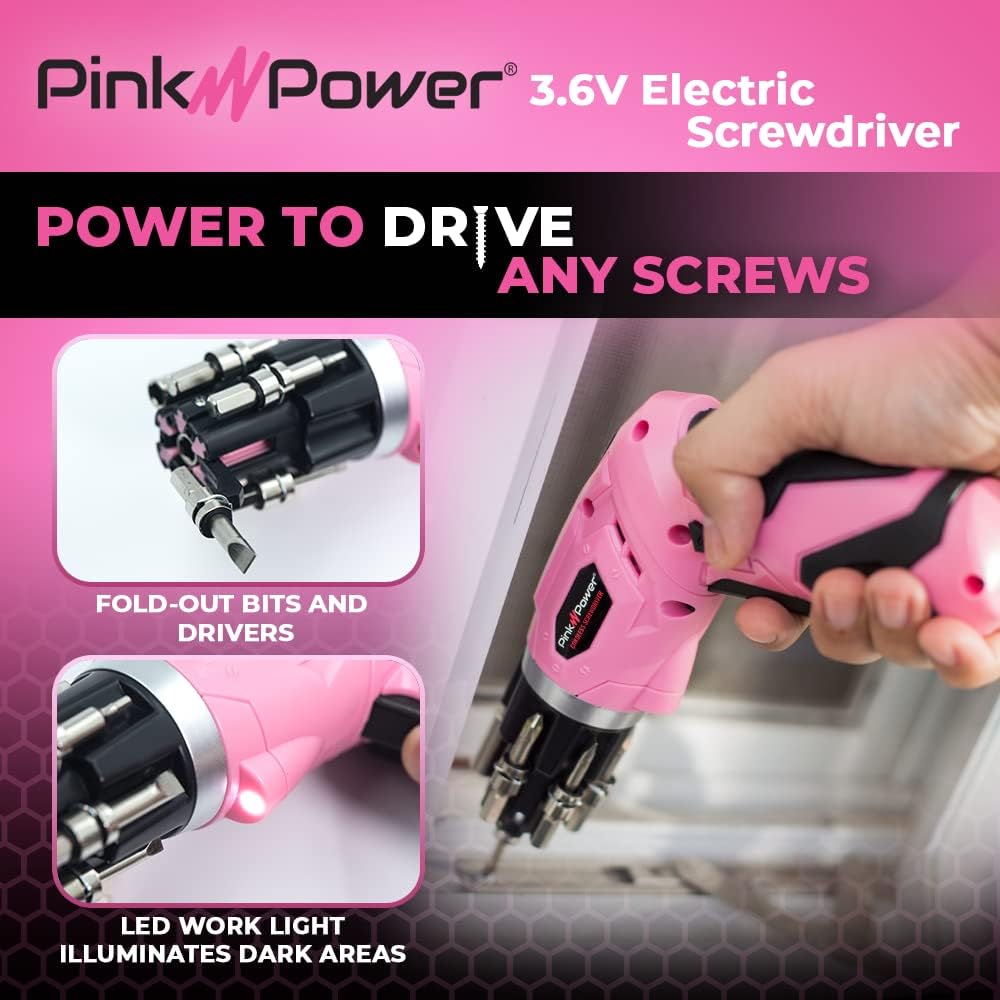 Pin Powe Cordles Electri Screwdrive Se 3.6 Rechargeabl Pin Cordles Screwdrive Se fo Wome wit Bubbl Leve an LE Ligh Smal Scre drive wit Pivota Handl an Fold-Ou Bits