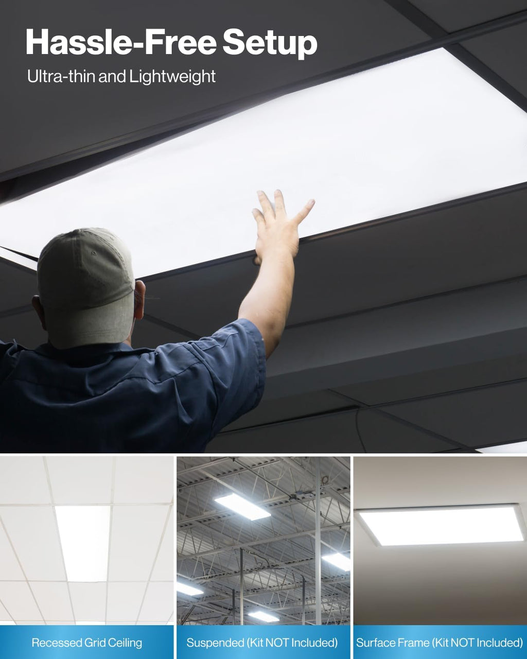 Sunc 4 Pac 2x LE Fla Pane Ligh Dro Ceilin Offic Fixture 770 LM Selectabl Features 40W/50W/60W 4000K/5000K/6000K Dimmabl (0-10V) Dustproo ETL.