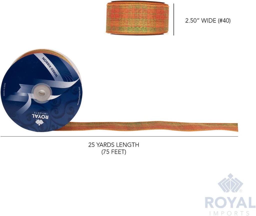 Roya Import Fal Checkere Plai Orange/Gree Wire Ribbon fo Thanksgiving Hallowee an Harves Decor Bo Making Gif Wrapping Wreaths 2.5inc Wid (#40 2 Yar Rol (7 Ft)