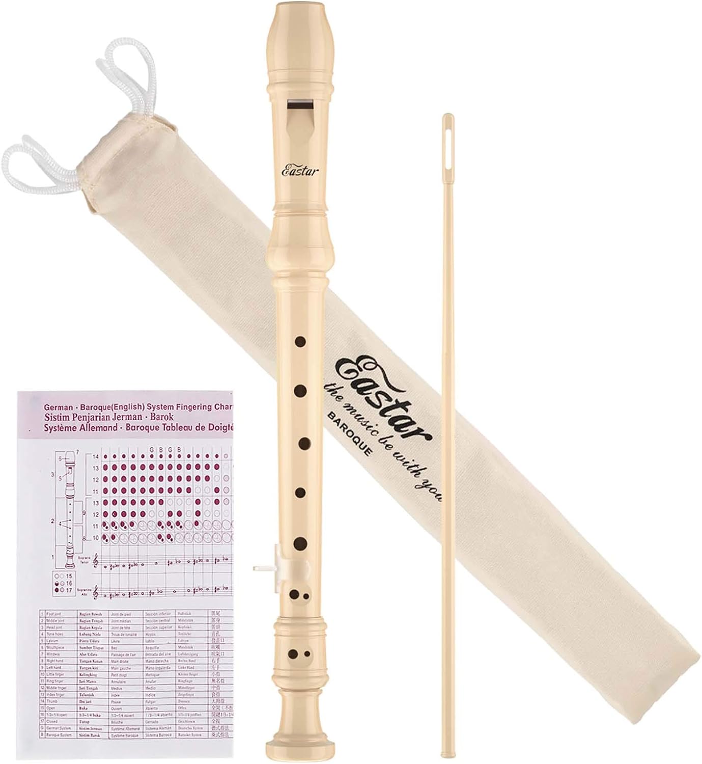 Eastar Soprano Recorder Instrument for Kids Beginner, Baue Fingering C Key with Cleaning Kit, Thumb Rest, Cotton Bag, Fingering Chart, ERS-21BN, Natural, School-Approved