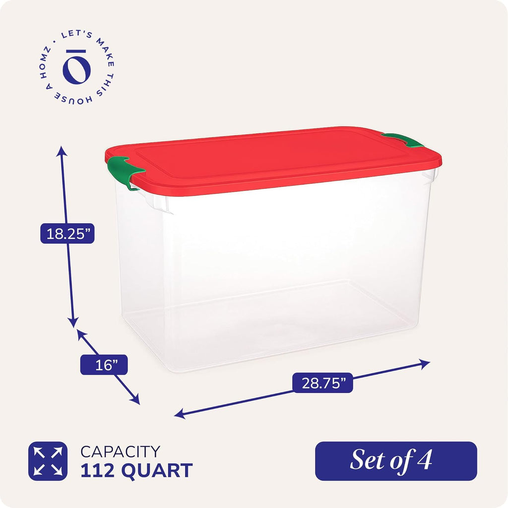 HOMZ 4-Pack Holiday Tote, Clear Plastic Storage Bins w/Lids & Dividers, 112 Quart, Red - Stackable Organizing Containers for Christmas Ornament Decorations, Gift Wraps, and Crafts