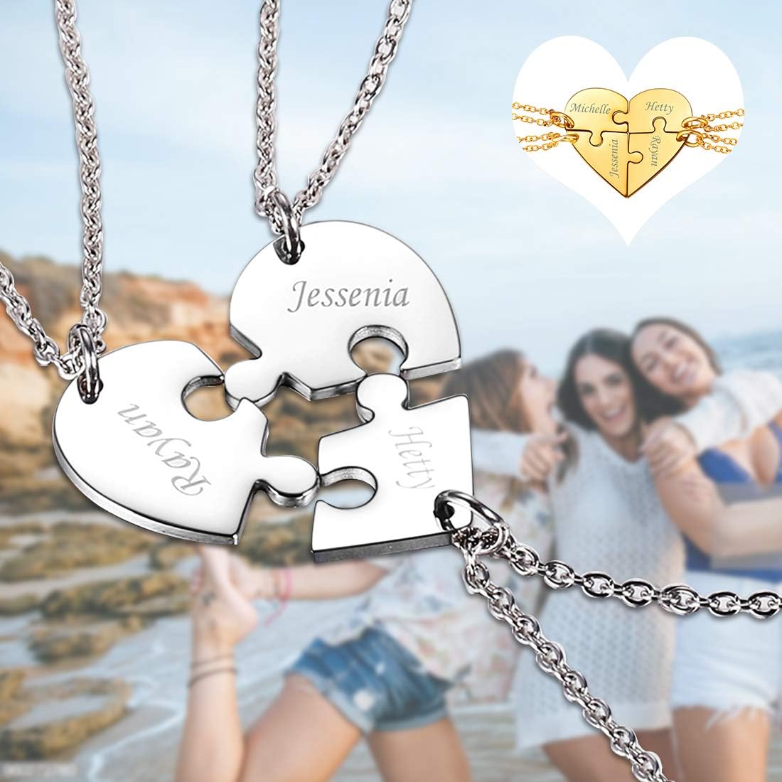 U7 BFF Necklace for 2/3/4/5/6 Women Girls Stainless Steel Personalized Family/Sibling/Friendship Jewelry Set Custom Best Friend Name Engrave Heart Puzzle Matching Pendant Necklaces