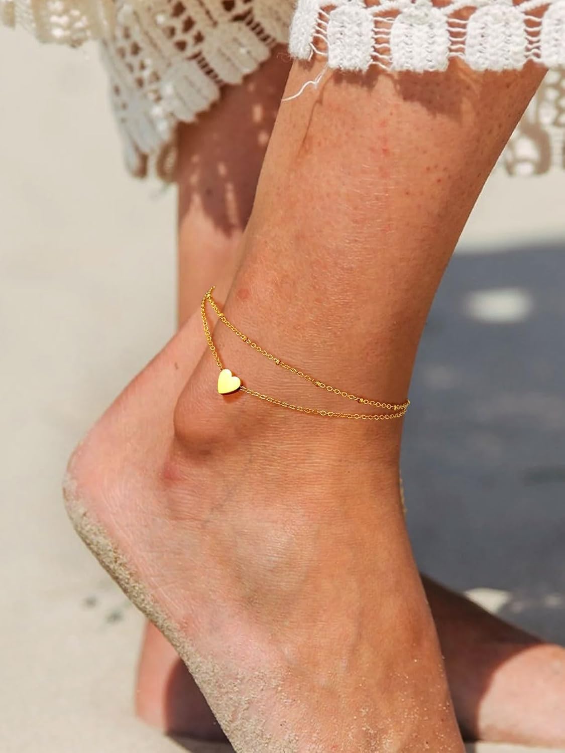 ChainsPro Womens S925 Sterling Silver Adjustable Anklet, Heart/Moon/Handcuff Ankle Bracelet,Summer Foot Jewelry, Stainless Steel/Gold Plated(Send Gift Box)