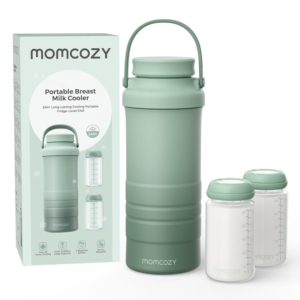 Momcozy 22oz Portable Breast Milk Cooler for Outdoor, Life Saver with 360¡ã Total Cooling for 24 Hours, Larger Capacity Travel Breastmilk Chiller with 2pcs Baby Bottles for Breastmilk Storage, Green