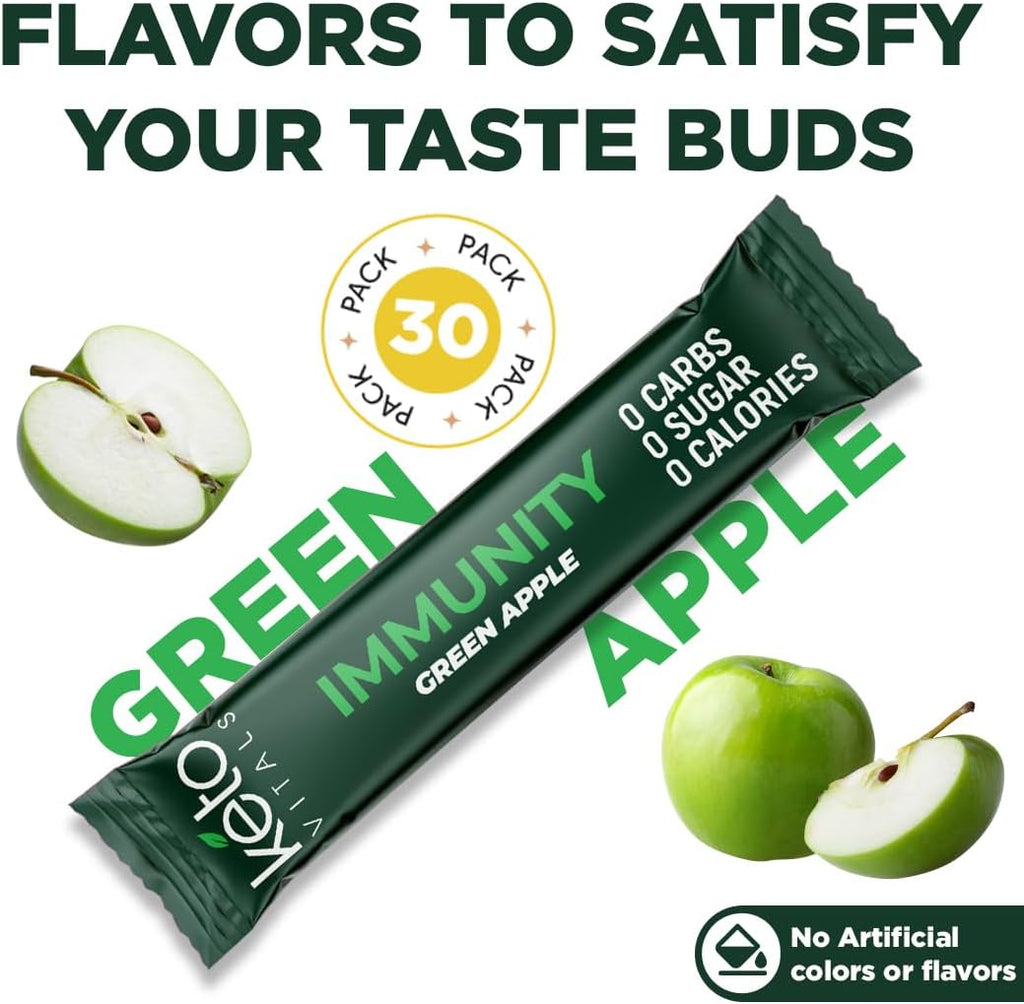 Keto Vitals Immunity Sugar Free Electrolytes Powder with Vitamin C, Ginger, Turmeric, Elderberry - Boost Your Immune System and Rehydrate Your Body - Green Apple Flavor, 30 Count