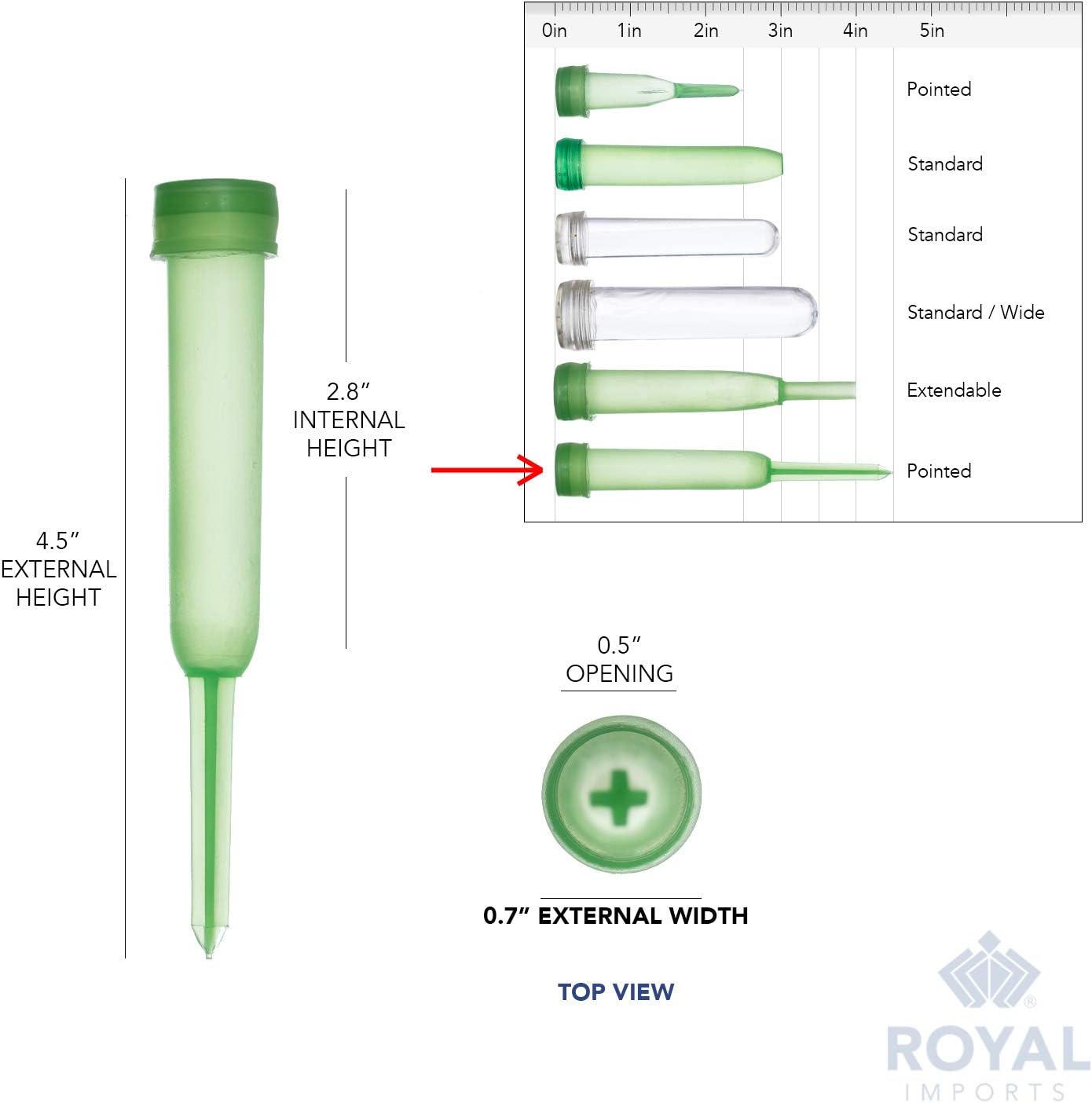Royal Imports Floral Water Tubes with Caps ¨C 4.5inch Green Plastic Flower Vials for Single Stem Roses, Buds, Bouquets ¨C Standard Style, 1/2inch Opening ¨C 100 Pack