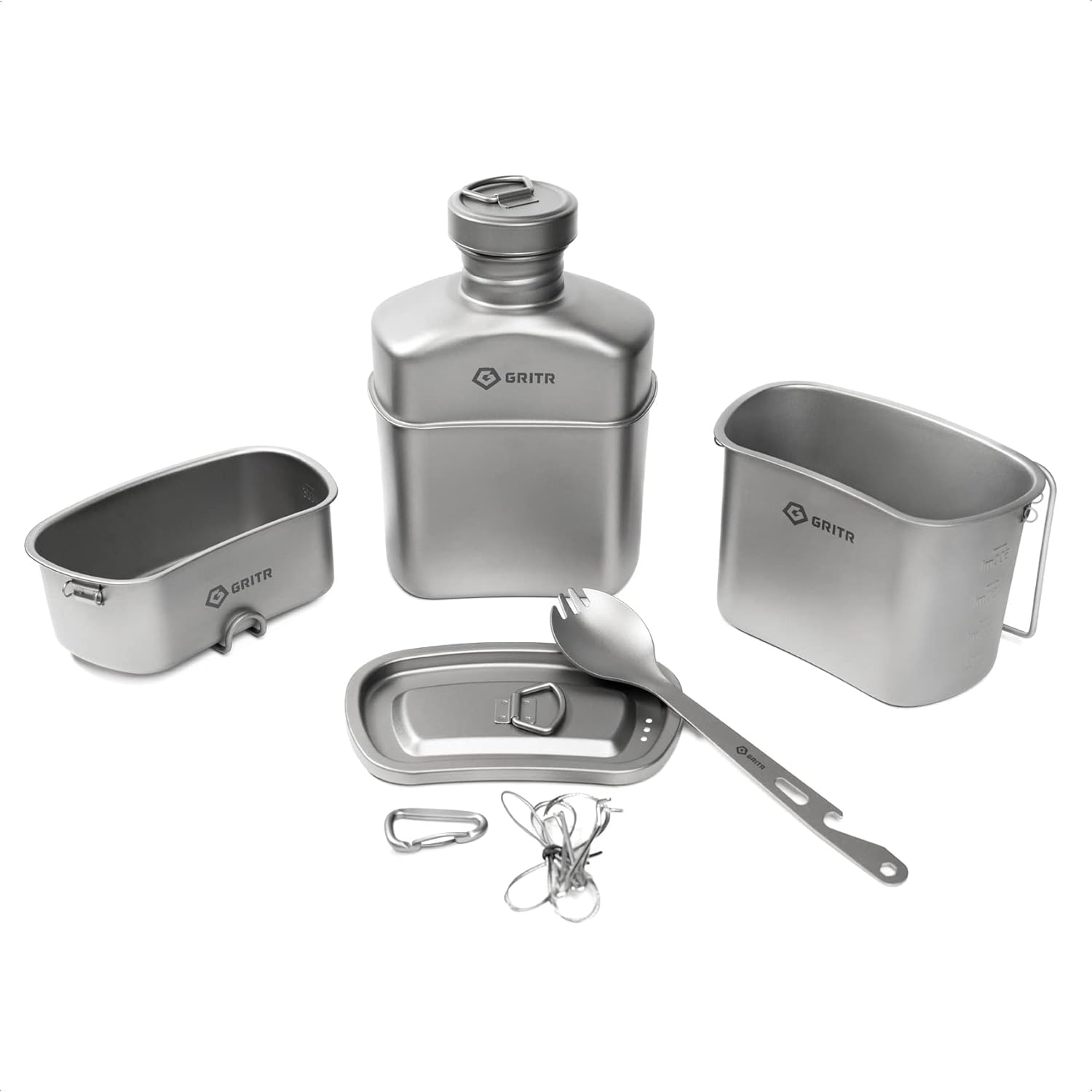 GRIT Titaniu Cantee Mes Ki Compac Portabl Campin Ope Fir Cookwar Se fo Backpacking Hiking Fishin Ultraligh Durabl Outdoo Cam Cookin Utensil Storag Ba Included