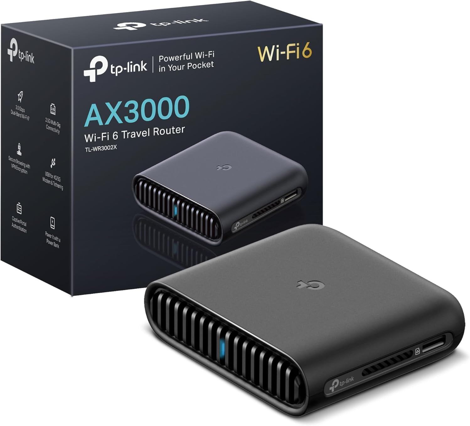 TP-Link Dual-Band Wi-Fi 6 AX3000 Travel Router TL-WR3002X | Multi-Gig Portable | OpenVPN, WireGuard | Easy Public WiFi Sharing | Hotel/Cruise/Travel Approved | Phone WiFi Tether | USB 3.0 | Multi-Mode