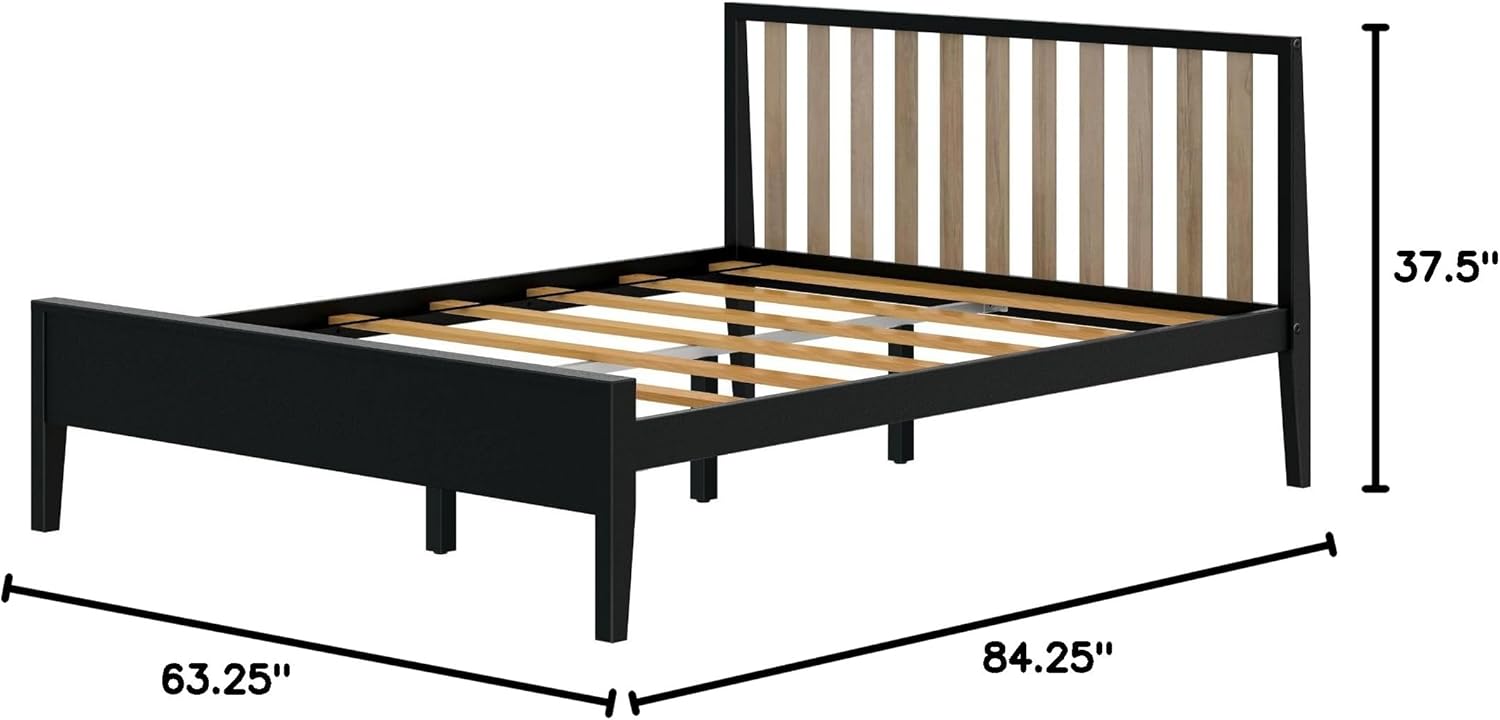 Plank+Beam Modern Solid Wood Queen Bed Frame with Slatted Headboard, Scandinavian Platform Bed with Wood Slat Support, Easy to Assemble, Black/Blonde