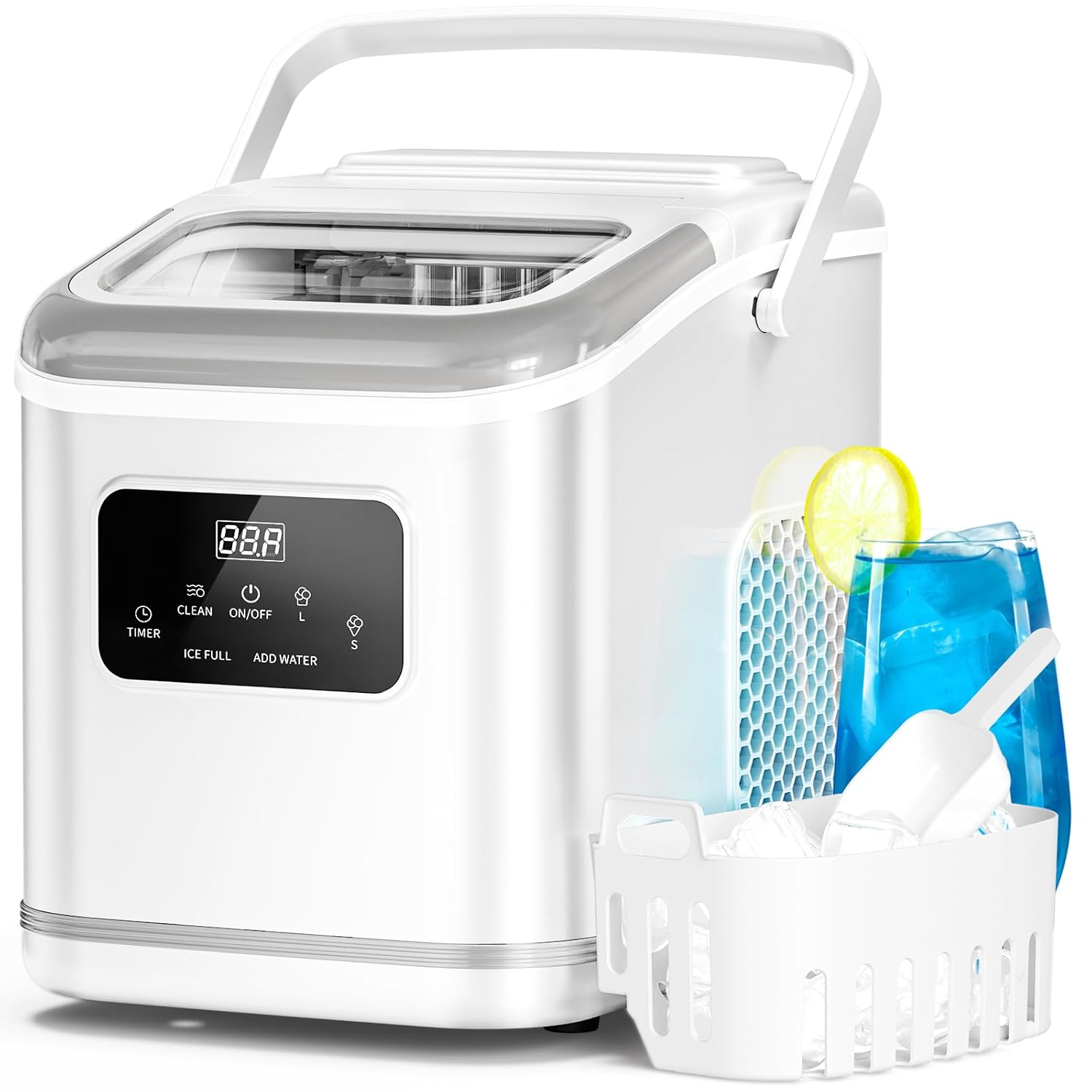 Antarcti Sta Counterto Ic Maker Portabl Ic Machin wit Carr Handle 28Lbs/24H Size Bulle Ice 24 Timing Cube i Min Office/Kitchen/Ba White