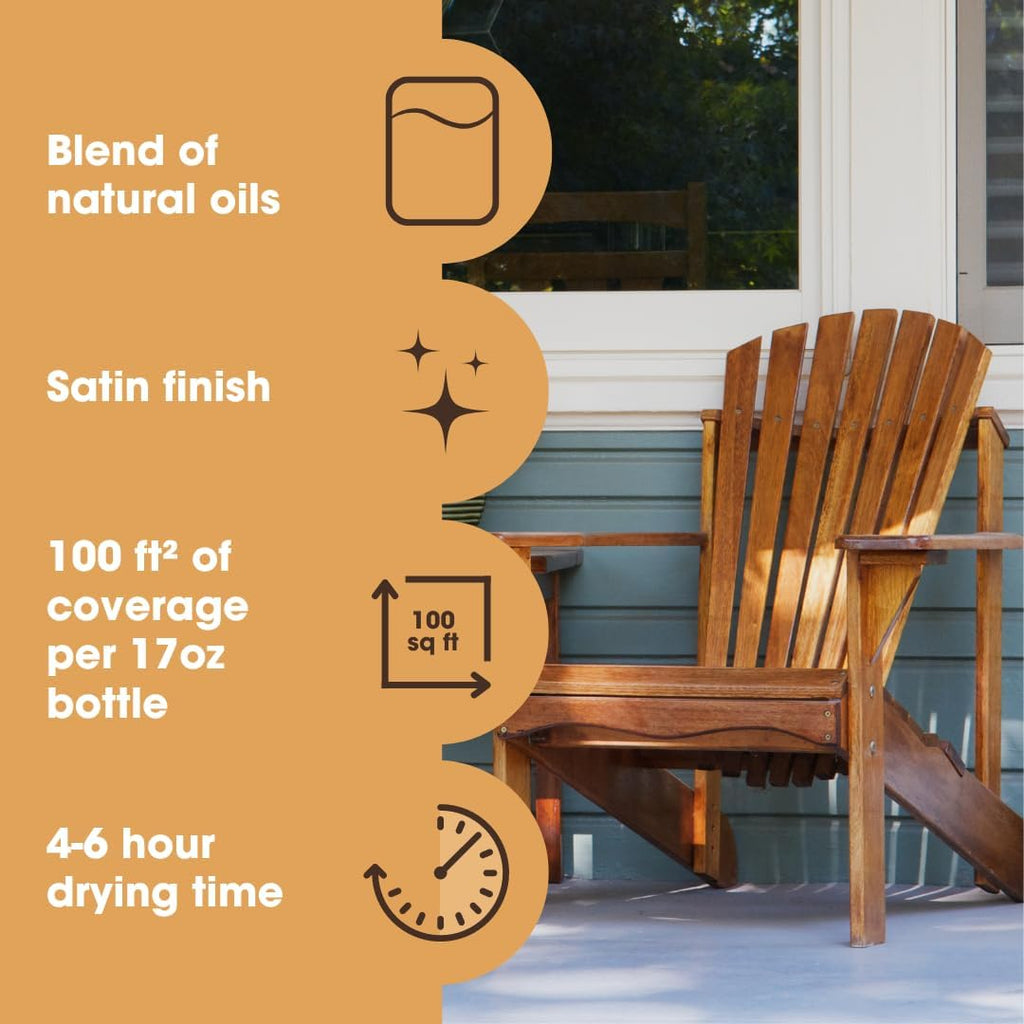 Furniture Clinic Danish Oil | Wood Care for Interior Exterior Furniture | Restore, Seal Protect Oak, Pine, Teak More | Non-Toxic Natural Satin Finish | Repels Water, Stains, Dirt | 17oz/500ml