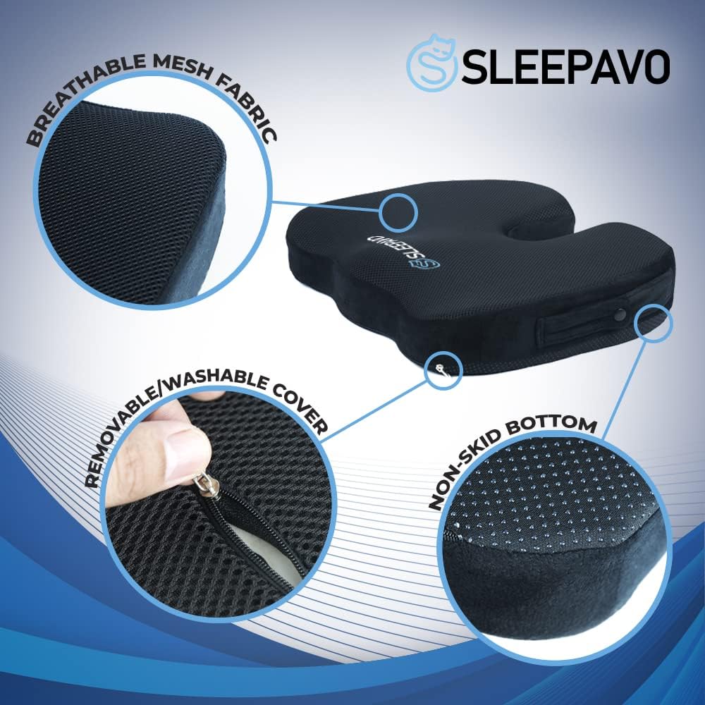 Sleepav Blac Memor Foa Sea Cushio fo Offic Chai Coolin Ge Pillo fo Sciatica Coccyx Lowe Back Tailbon Pai Relie Cushio Chai Pa fo Lumba Suppor i Offic Desk Car