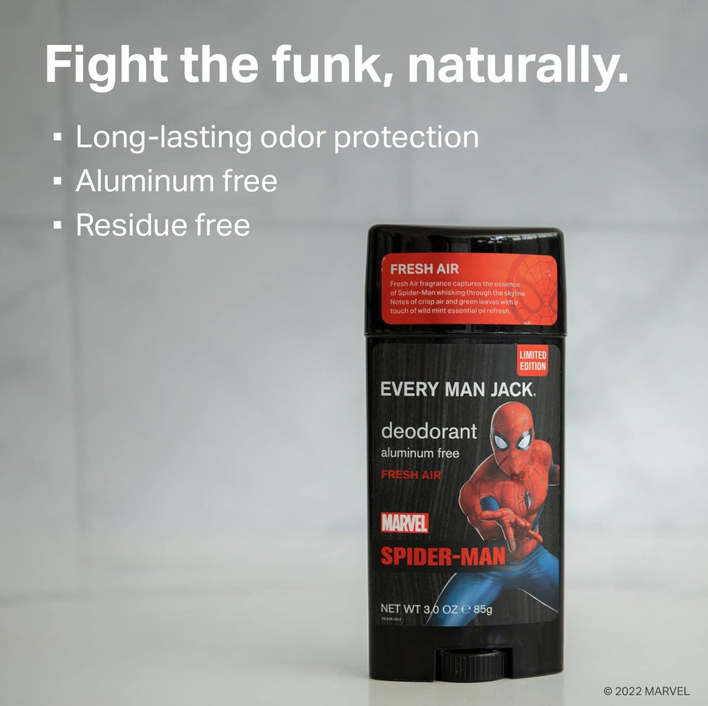 Every Man Jack Deodorant - Marvel Spider-Man | 3-ounce Twin Pack - 2 Sticks Included | Naturally Derived, Aluminum Free, Parabens-free, Phthalate-free, Dye-free, and Certified Cruelty Free