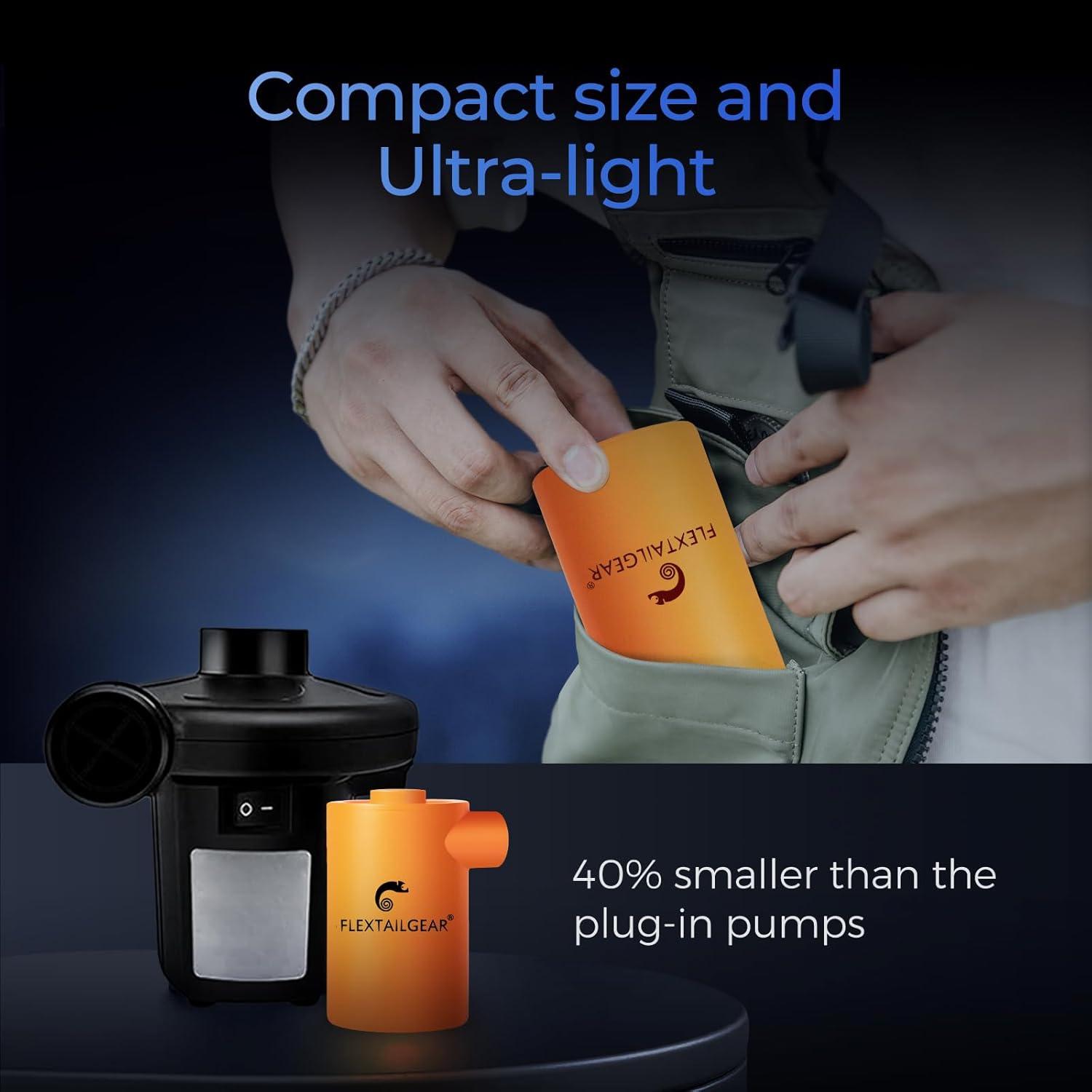 FLEXTAILGEAR MAX Pump Portable Air Pump with 3600mAH Battery USB Rechargeable Air Pump-Quick Inflate Deflate for Sleeping Pads, Air Mattress, Pool Toys, Floats, Swimming Ring, Air Bed (Orange)