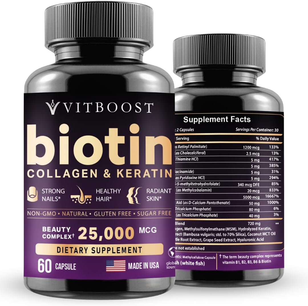 Biotin with Hyaluronic Acid, Collagen and Keratin ¨C 25000 mcg Hair Growth Vitamins for Men and Women ¨C Nails and Skin, USA Made - Third Party Tested, B1, B2, B3, B6, B7 Complex - 60 Capsules