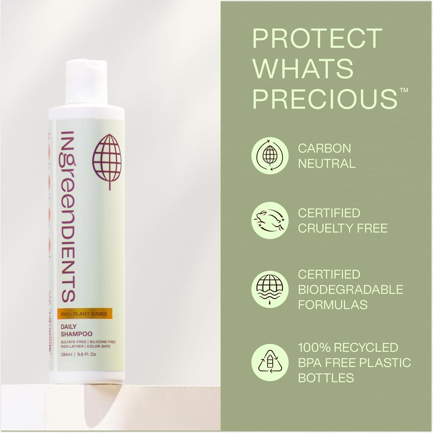 Ingreendients Natural Shampoo With Organic Ingredients - Sulfate Free, Color Safe, Non Toxic With Tea Tree Oil Apple Cider Vinegar, Vegan, Gluten Free, pH Balanced