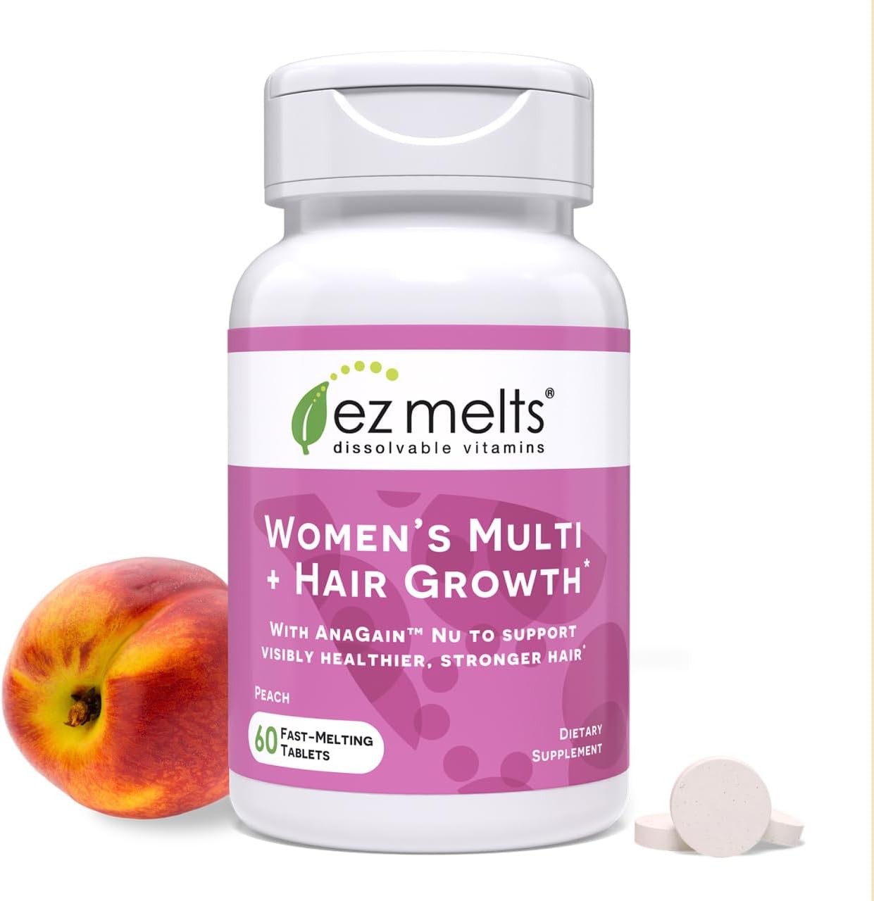 EZ Melts Women's Multi + Hair Growth - Daily Multivitamin for Women - Supports Healthy Energy Levels Reduced Hair Shedding - Non-GMO Vegan - Peach - 60 Dissolvable Tablets (30 Servings)