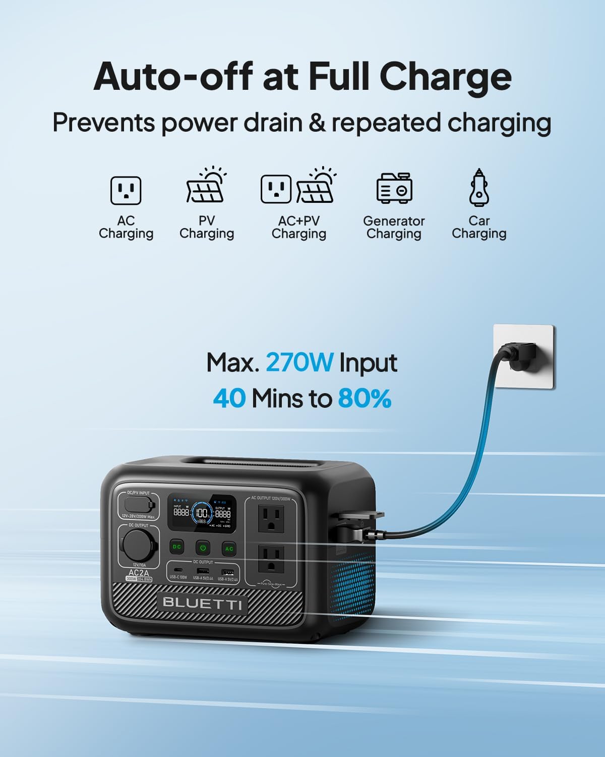 BLUETTI AC2A Portable Power Station, 204Wh Solar Generator LiFePO4 Battery Backup w/ 2 300W (600W Power Lifting) AC Outlets, Recharge from 0-80% in 45 Min, for Camping (Solar Panel Optional)