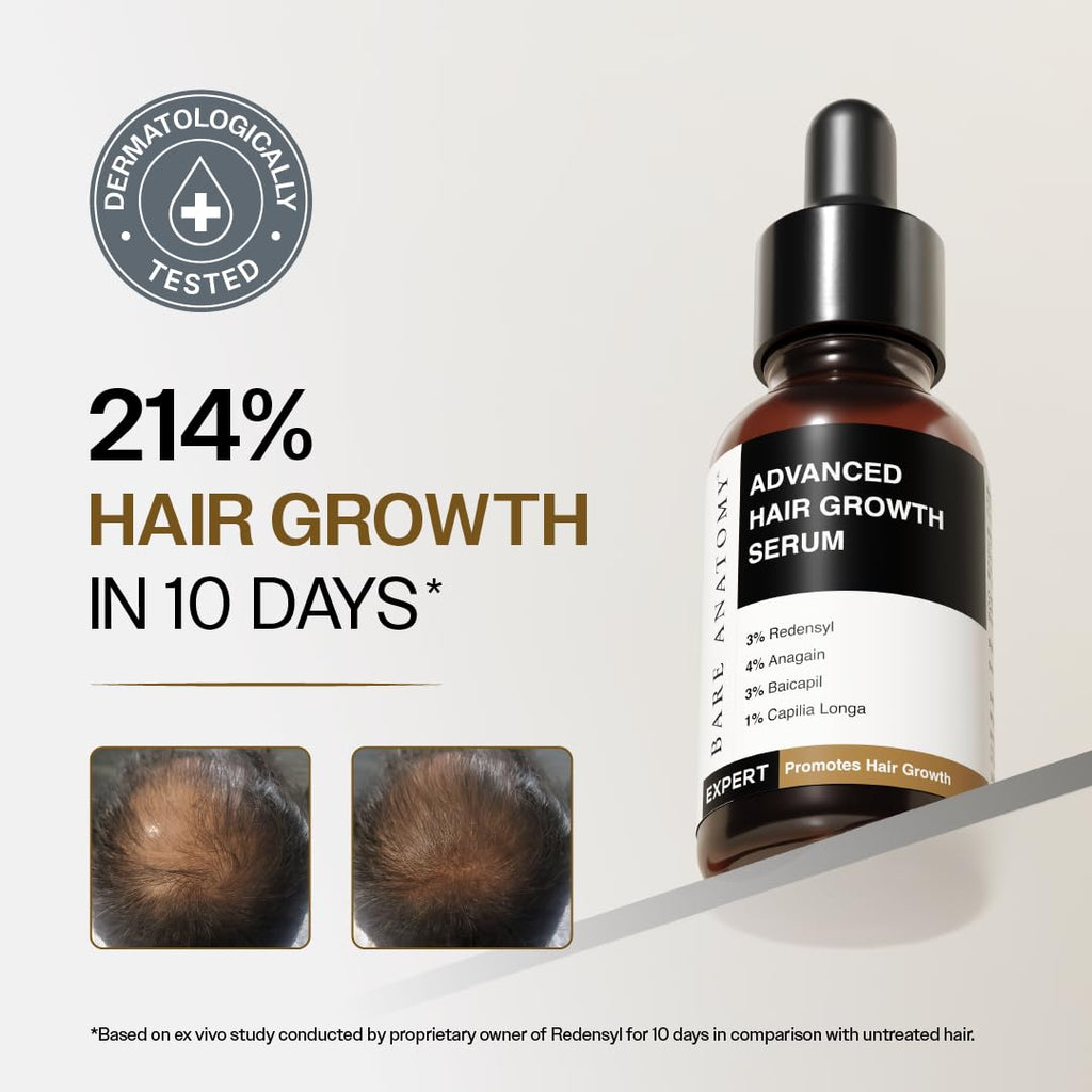 Bare Anatomy Advanced Hair Growth Serum| 3% Redensyl - 2x Better Results than Minoxidil | +4% Anagain + 3% Baicapil | Rosemary, Biotin | Hair growth & Hair fall control serum for Women Men | Pack of 3
