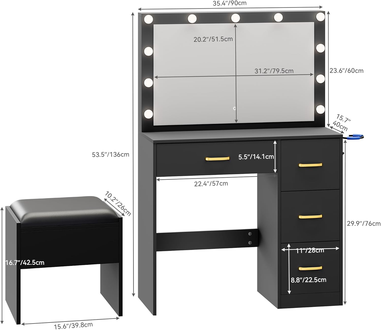 DWVO Makeup Vanity with Lighted Mirror, Dressing Table with 11 LED Bulbs & 3 Lighting Modes, Storage Drawers, Charging Ports and Soft Cushioned Stool
