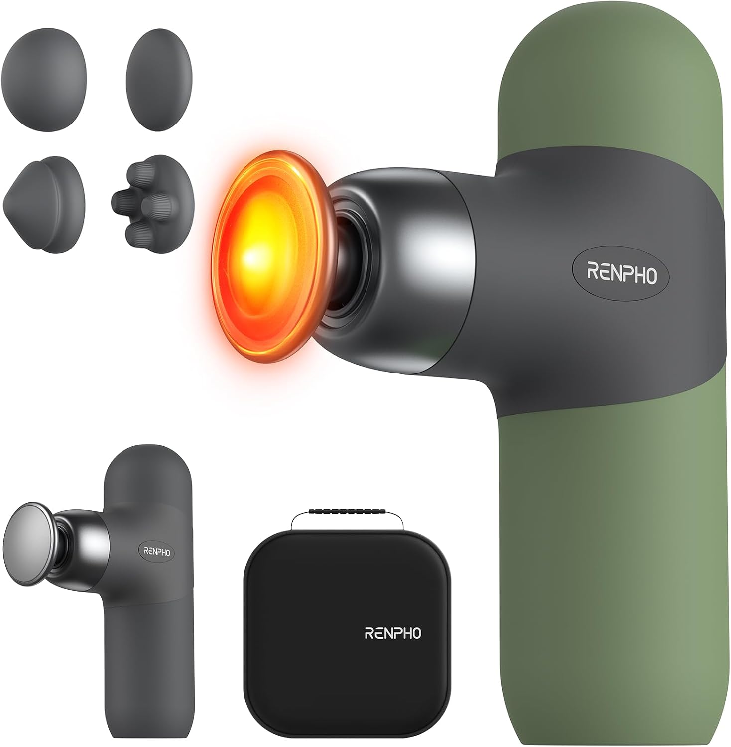 RENPHO Mini Thermal Massage Gun with Heat, Christmas Birthday Gifts for Women Men, Portable Deep Tissue Percussion Massager, Color Silicone Sleeves Travel Size with Carry Case, Olive Drab