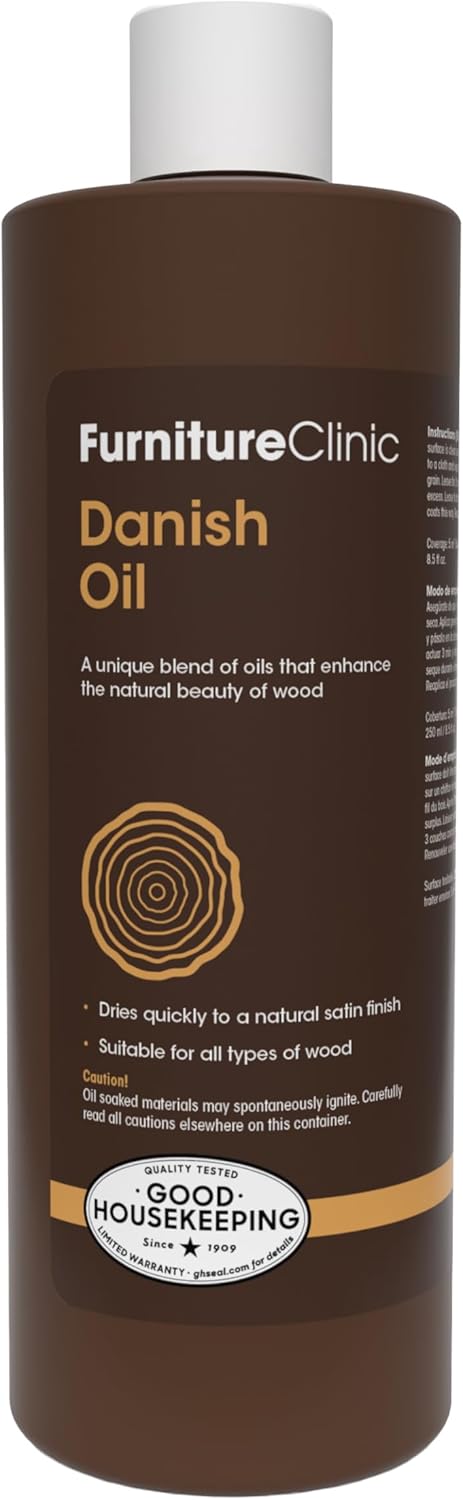 Furniture Clinic Danish Oil | Wood Care for Interior Exterior Furniture | Restore, Seal Protect Oak, Pine, Teak More | Non-Toxic Natural Satin Finish | Repels Water, Stains, Dirt | 17oz/500ml