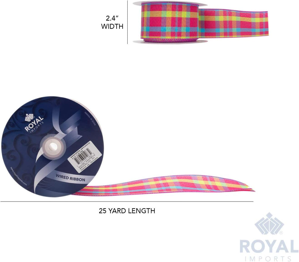 Roya Import Sprin Paste Wire Ribbon 2.5inc (#40 Chec Plai Desig Prin fo Bab Shower Easter Floral Craft Holida Decoration 2 Y Rol (7 F Bul Spool Pin Blu Yello Gree Lavender